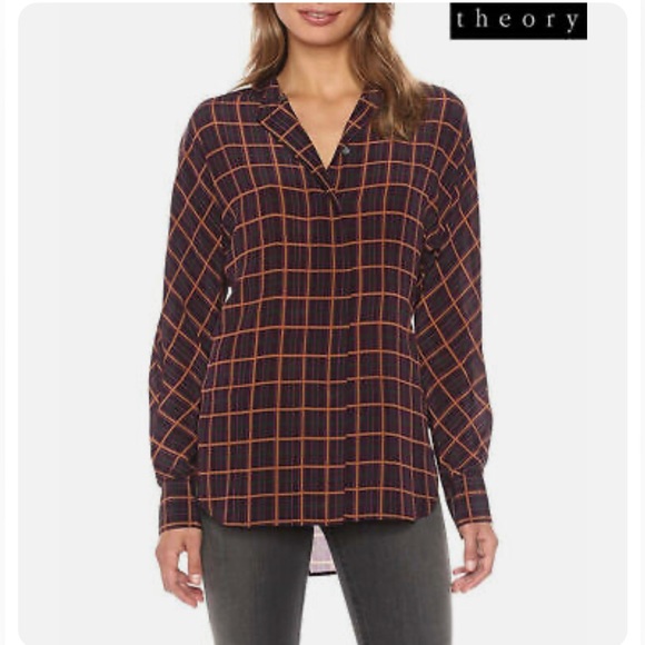 THEORY 100% Silk Dolman York Plaid Purple Multi Blouse, size small, like new - Picture 5 of 6